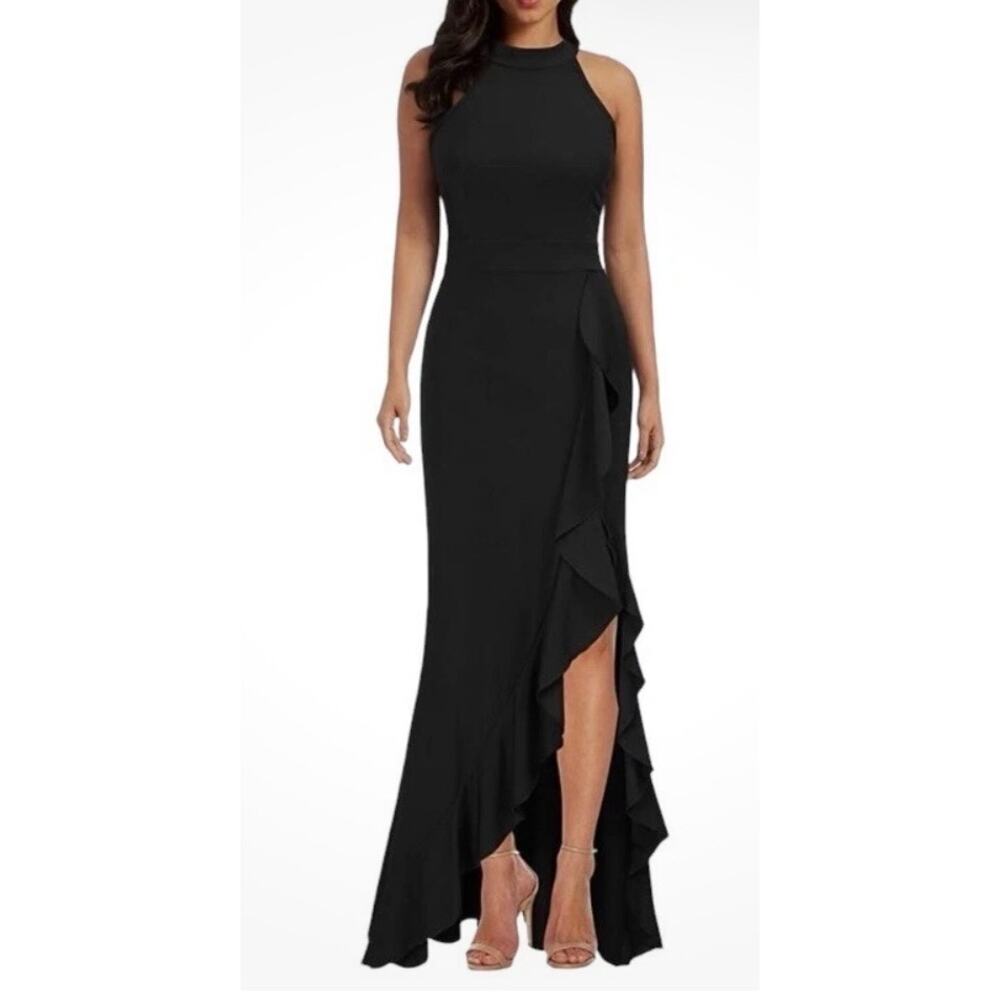 WOOSEA NWT L Maxi black dress mermaid style cocktail evening gown 53"long